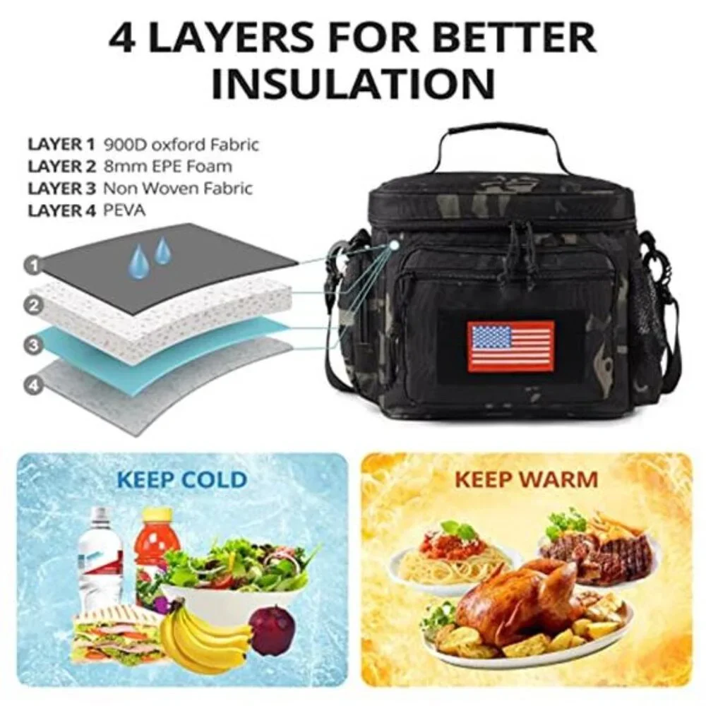 Tactical Insulated Lunch Bag Cooler MOLLE 12L Multi Pocket Work Travel Lunchbox